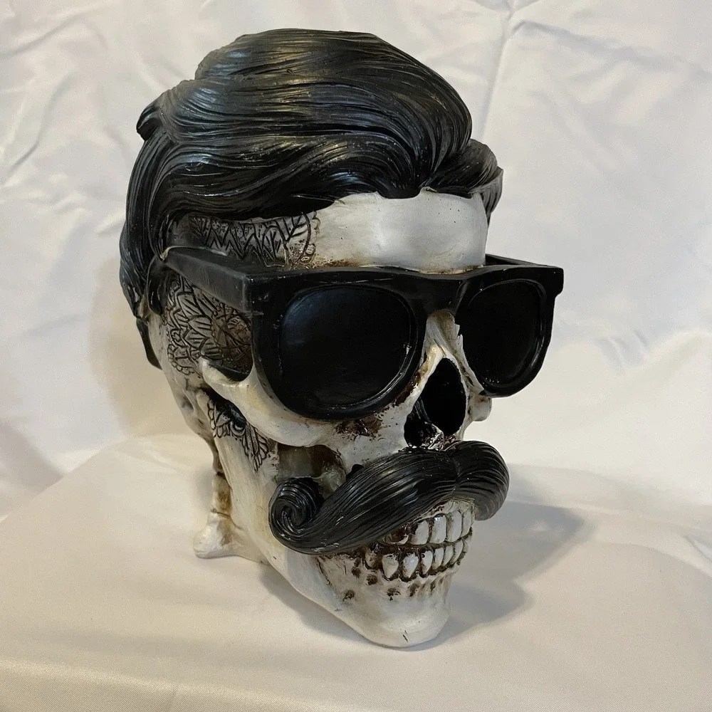 NEW Halloween Hippie Skull with Hair, Mustache, Tattoos & Glasses Retro Decor